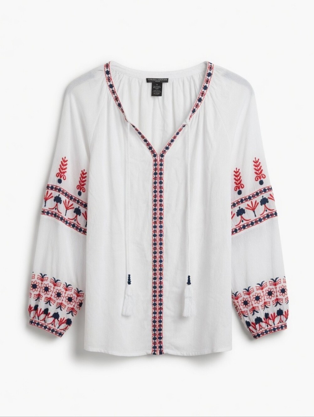 Size 2X Chelsea & Theodore White Peasant Top with Red and Navy Embroidery